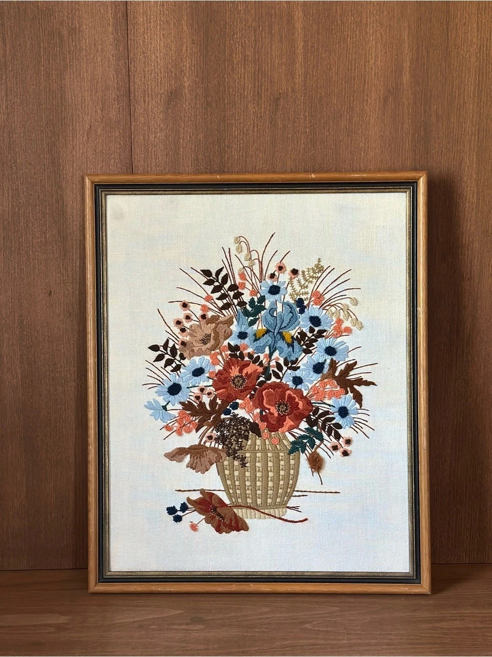 Framed Vintage Floral Embroidery Art in Blue & Brown